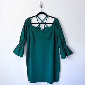 Eloquii Forest Green Long Sleeve Peasant Sleeve Mini Dress